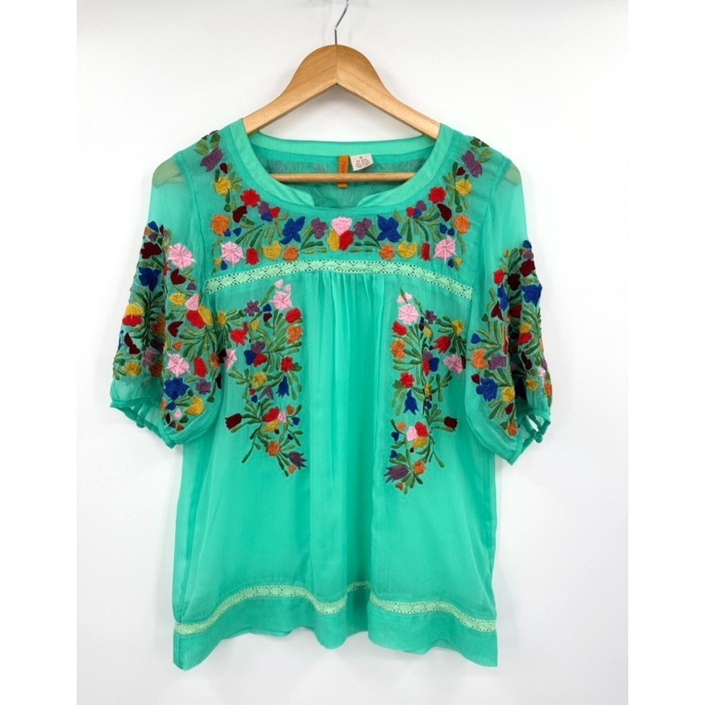 Anu Top Embroidered Boho Blouse S Green Sheer Floral Peasant Rayon Cottagecore